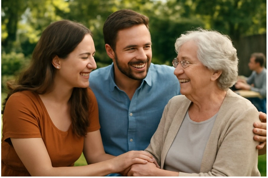 A younger couple smiling with an older woman as they sit together outdoors, holding hands and sharing a joyful moment